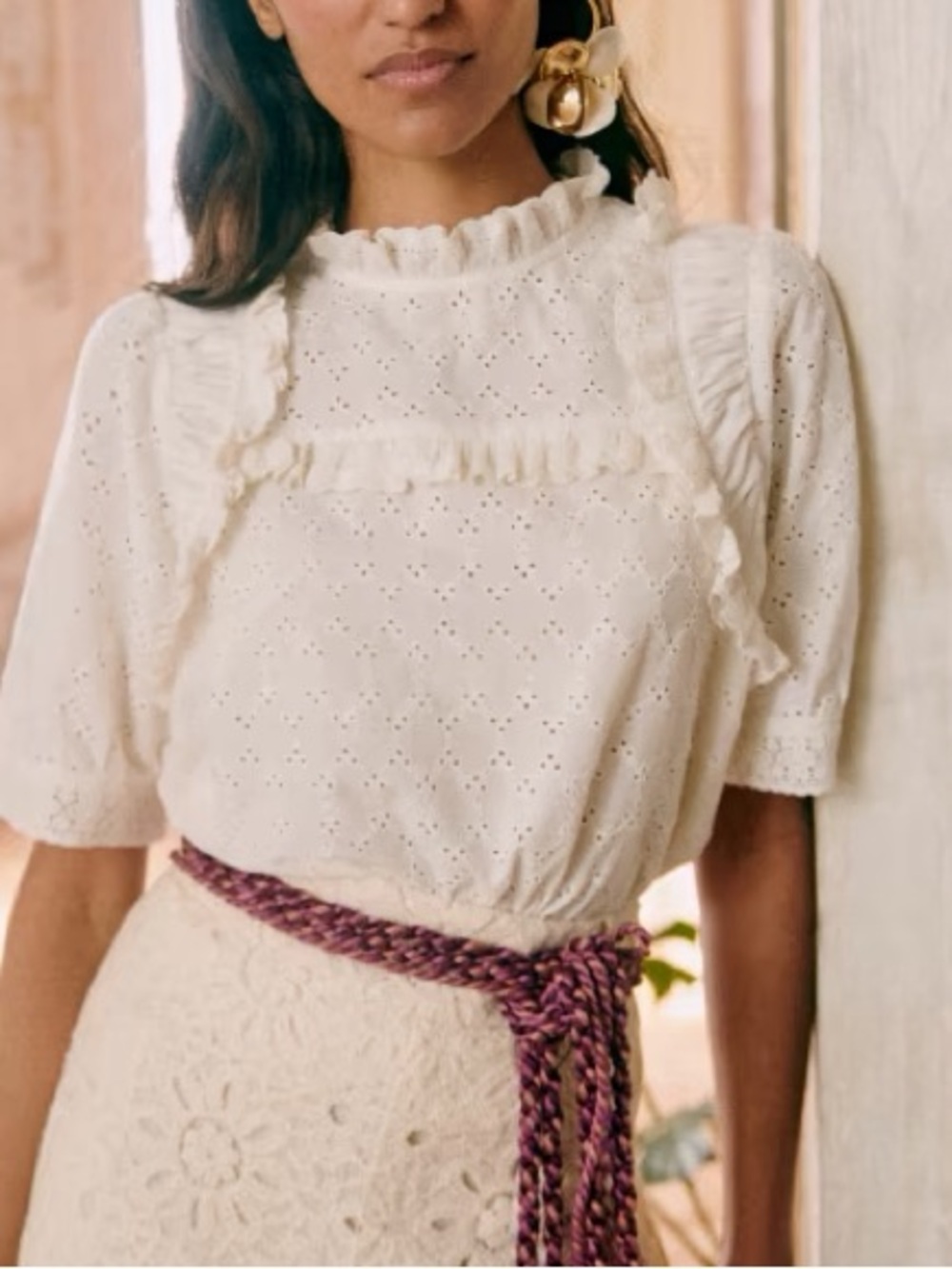 NEW Sezane Thio Ivory Eyelet Ruffle Blouse 10